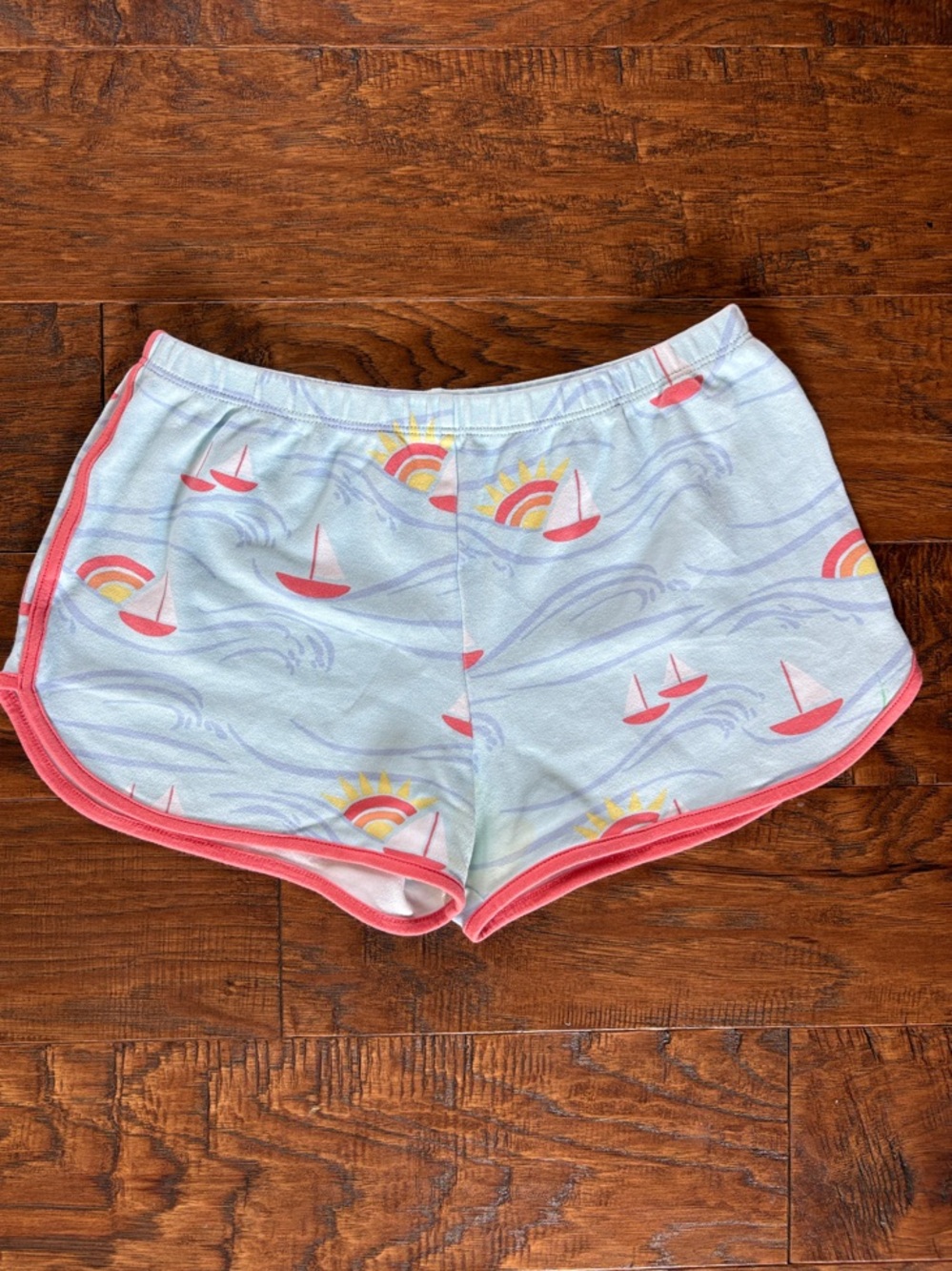 Girls Light Blue Sailboat Print Shorts with Pink Trim
